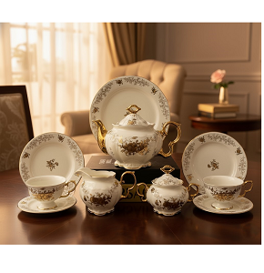 Tea and cake set, 24 pieces, Thai made, Elegant brand, creamy white decorated with golden and brown floral patterns with luxurious golden touches.
