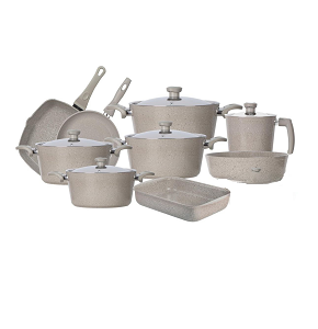 Top Chef 14-piece round granite cookware set, Beige (pots 18 / 20 / 24 / 28 cm – pan 26 – shallow pan 30 – milk pot 16 – grill 28 – casserole 30)

