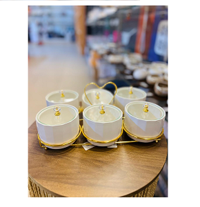 Snacks Plates 6 Pcs Porcelain Creamy With Golden Holder QT1003-1