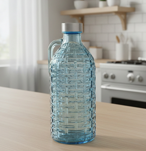 Glass Water Bottle Blue Square Pattern Round Shape With Handle, Silver Lid - abdo-201-217
