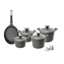 Neoflam Granite Pot Set, Beige, 10-Piece Grooved, Pots (20-22-24-28 cm) + Fry Pan 24 + Baking Tray 28
