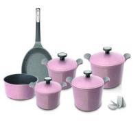 Neoflam Granite Pot Set, Pink, 10-Piece Grooved, Pots (20-22-24-28 cm) + Fry Pan 24 + Baking Tray 28
