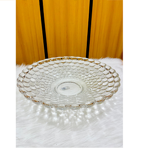 Living Home Glass Fruit Plate – Unique transparent design with a textured circular pattern and wavy edges. LXGP003

