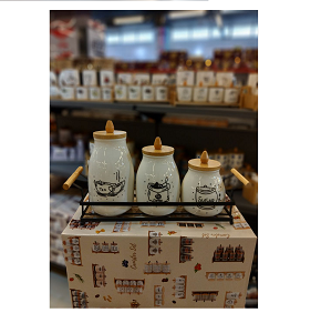 Set of 3-piece porcelain sugar jars for tea coffee and sugar white porcelain wooden lids and metal basket for modern coordination and practical elegance 
