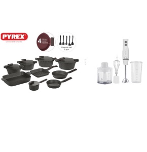 Granite Pyrex Cookware Set – 23 Pieces (Pots: 20, 24, 26, 30 cm) Black Artisan Pyrex – Includes Free Mienta Immersion Blender

