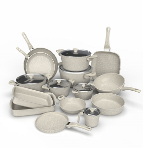 Granite Cookware Set Top Chef 21 Pieces Beige Composition (Pots 18-20-24-26-30 / Frying Pans 24-30 / Wok 28 / Grill Pan 28 / Milk Pan 16 / Deep Frying Pan 30 / Crepe Pan 28 / Egg Plate 22 / Casserole 