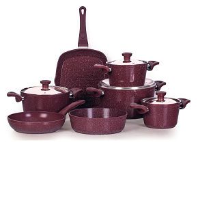 Burgundy granite pot set (pots 18-20-24-28 + 26 cm frying pan + 26 cm tray + 28 cm grill) Top Chef 11 pieces

