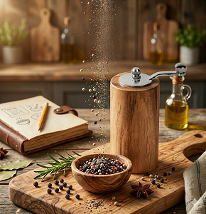 Cylindrical hand-cranked pepper mill, acacia wood, 6×9 cm, Model 24.11
