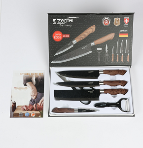 Zepter 6-Piece Knife Set: includes an 8-inch kitchen knife, 8-inch chef knife, 8-inch slicer knife, 3.5-inch paring knife, kitchen scissors, and a vegetable peeler
