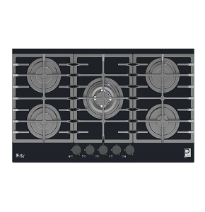 Built-in Purity hob 90 cm, 5 burners (triple burner), full safety system, automatic ignition, front control, heavy-duty pan supports, compatible with natural gas and cylinder gas, right gas outlet, bl