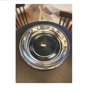 "Large stainless steel serving tray, size 4, Super Steel brand."


