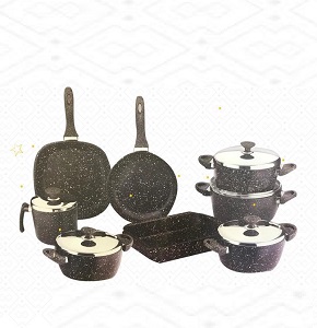 Saflon Granite Round Pot Set 13 Pieces, consisting of 4 Pots (18-20-24-28), a 16 cm Saucepan, a 24 cm Frying Pan, a 28 cm Grill, and a 26 cm Tagine

