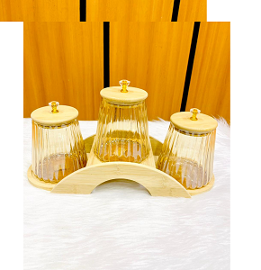 Stone Spice Set 3 pieces with Glass on Wooden Stand EE-34 V2
