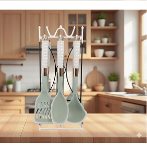 Wooden serving set 7 pieces with heat-resistant stand with comfortable and elegant handles
