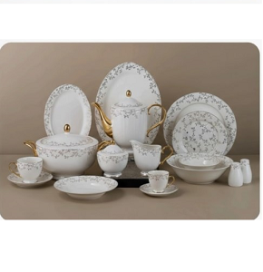 Oxford dining set 60 pcs round featuring contrast between classic geometric pattern and delicate floral pattern

