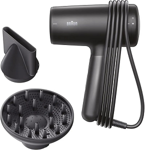 Braun 2100W Hair Dryer equipped with two attachments—a concentrator nozzle and a curling diffuser—featuring digital control for airflow speed and temperature settings.