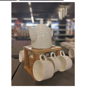 Porcelain tea set consisting of a teapot, 6 white porcelain cups, 6 heart-shaped wooden coasters, and a multi-purpose wooden holder
