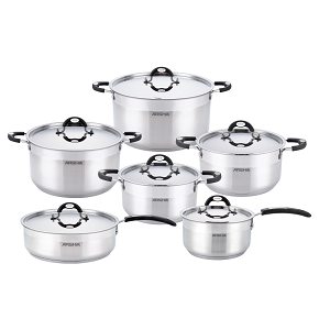 ARSHIA Stainless Steel Cookware Set – German Made – 12 Pieces + 4 Lids– Silicone-Coated Handles – Includes pots (20, 24, 28, 32 cm) + saucepans (18, 20 cm).
