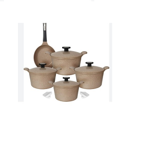 Neoflam Granite Pot Set, Beige, 11-Piece Grooved, Pots (20-22-24-28 cm) + Fry Pan 24 + 2 Silicone Holders
