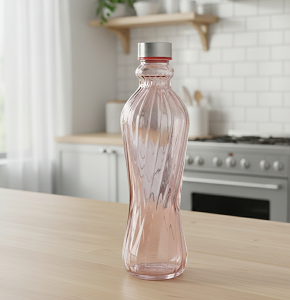 Glass Water Bottle Burgundy Embossed Spiral Design Round Shape, Silver Lid - abdo-201-220