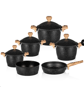 Granite Gigilli Cookware Set – 10 Pieces – 4 Pots (28-24-22-20 cm) + Frying Pan 26 cm + Oven Tray 28 cm – Black
