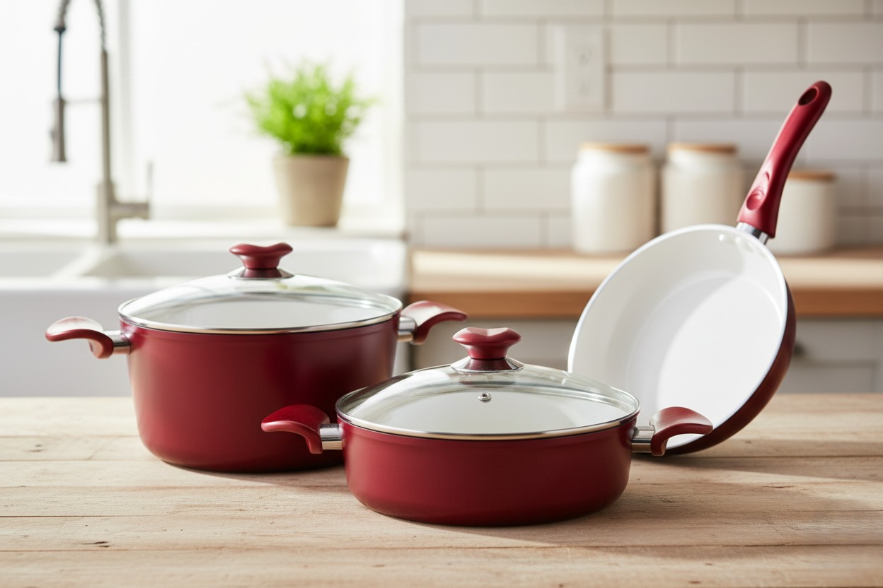 Ceramic Cookware Set  5-Piece– CULINA (GREBLON), two colors (Red, Baby Blue), includes: 22 cm pot, 26 cm pot, 26 cm frying pan, Pyrex lid, Made in Turkey