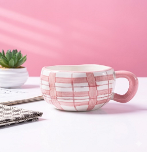 Porcelain Mug, Embossed Square Pattern , Pink & White - MG5319-1