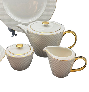 Tea and cake set, 24 pieces, Thai made, Elegant brand, pure white with embossed elegant net pattern and golden touches on handles and lids.
