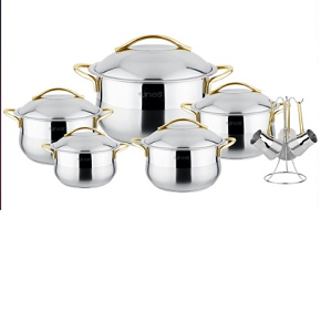 14-piece Turkish stainless steel cookware set (sizes: 18-20-22-24-28 cm), bombé shape with golden lines + Turkish coffee pot set
