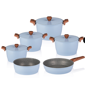 Granite Gigilli Cookware Set – 10 Pieces – 4 Pots (28-24-22-20 cm) + Frying Pan 26 cm + Oven Tray 28 cm – Aqua

