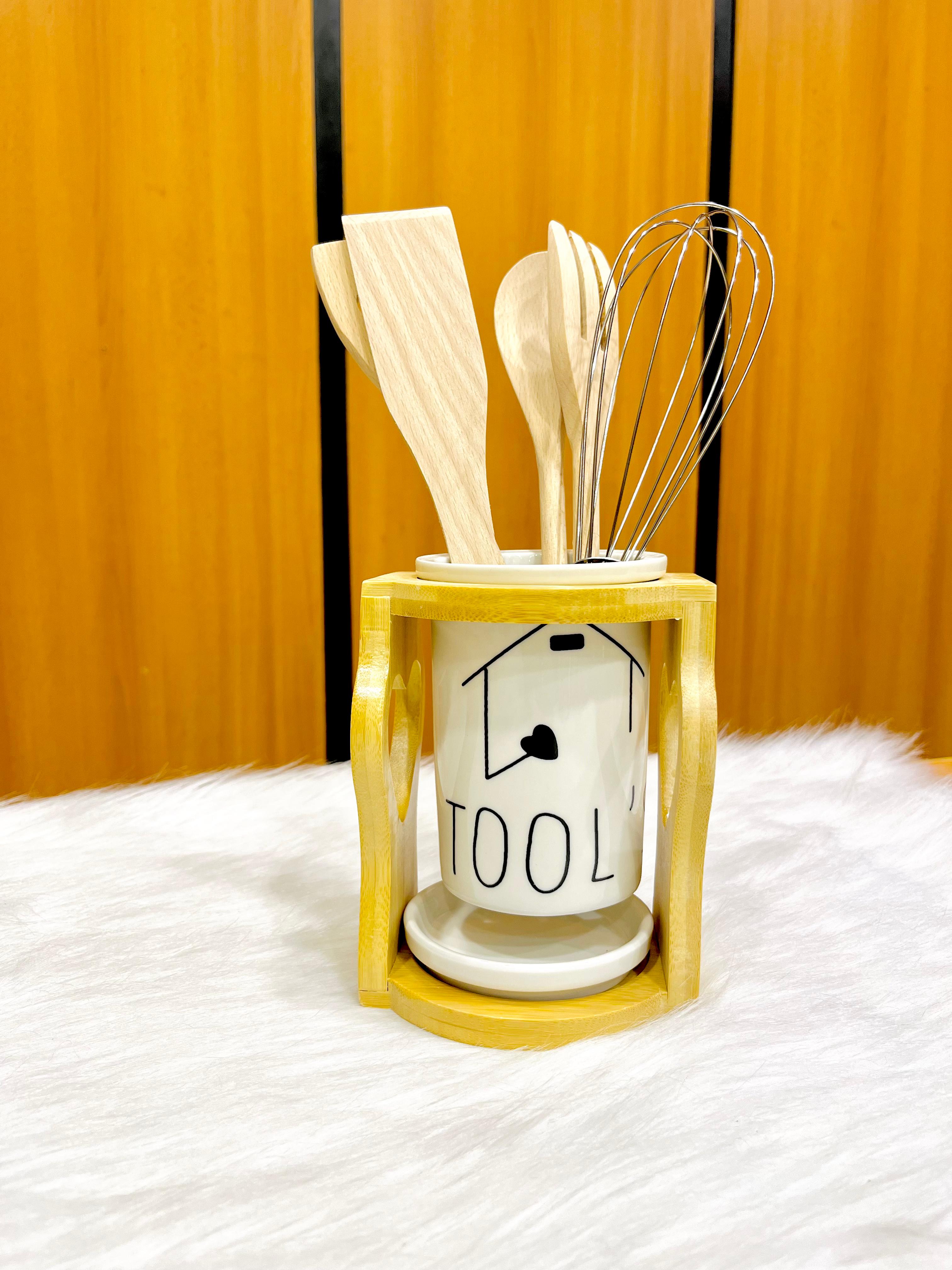 Utensil Set, 5 Pieces – New Alpha (includes 4 serving tools and 1 stainless steel whisk) with elegant porcelain holder and bamboo wooden base – Model ZY367-2