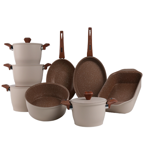 Granite Gigilli Cookware Set – 12 Pieces – 4 Pots (28-24-22-20 cm) + Wok 28 cm + Frying Pan 28 cm + Roaster 35 cm – Beige


