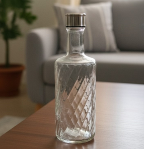 Glass Water Bottle White Round Spiral with Silver Lid-abdo-109-8 A
