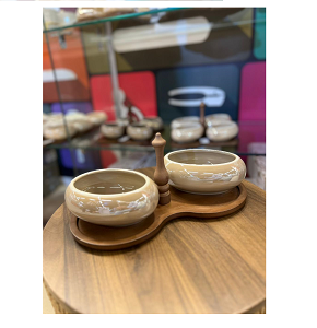 Snacks Set 2 Pcs Oval With Wooden Base, Dark Marble MG12-19