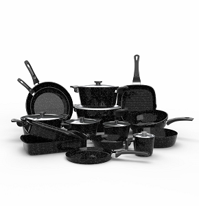 Granite Cookware Set Top Chef 21 Pieces Black Composition (Pots 18-20-24-26-30 / Frying Pans 24-30 / Wok 28 / Grill Pan 28 / Milk Pan 16 / Deep Frying Pan 30 / Crepe Pan 28 / Egg Plate 22 / Casserole 
