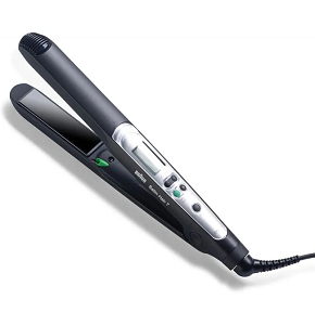 Braun Hair Straightener with adjustable temperature up to 200°C, featuring a digital display for temperature control and ionic technology to reduce frizz.