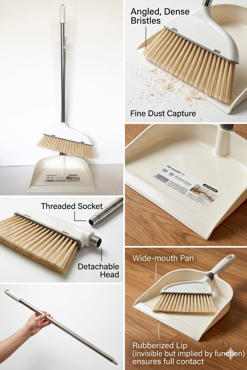 Beige hand broom and dustpan set with short handle and soft bristles