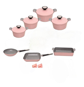Neoflam Granite Pot Set, Pink, 13-Piece Grooved, Pots (20-22-24-28 cm) + Fry Pan 24 + Grill 28 + 2 Silicone Grips
