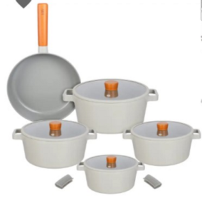Neoflam Granite Pot Set, Gray, 11-Piece Fika, Pots (16-22-24-26 cm) + Fry Pan 24 + 2 Silicone Holders
