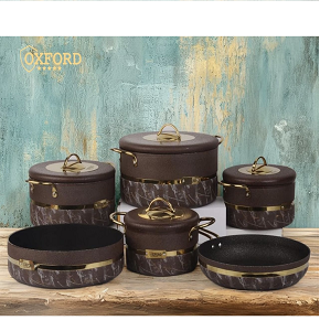 Oxford Pot Set 10 Pieces, Turkish Stoneware, consisting of 4 Pots (18-20-24-28), a 26 cm Frying Pan, and a 28 cm Baking Tray in Brown

