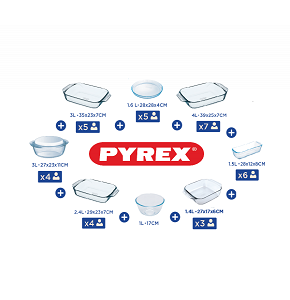 Pyrex Set – 9 Pieces – Rectangular (28 + 35 + 39 cm) + Casserole with Lid 3L + 4 Square Dishes + 3 Dessert Plates
