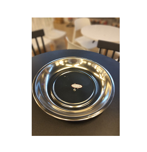 "Large stainless steel serving tray, size 2, Super Steel brand."


