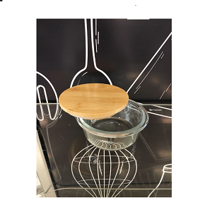 Medium round transparent glass refrigerator container with lid 
