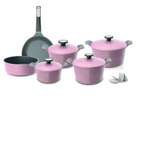 Neoflam Granite Pot Set, Pink, 10-Piece Grooved, Pots (20-22-24-28 cm) + Fry Pan 24 + Baking Tray 28
