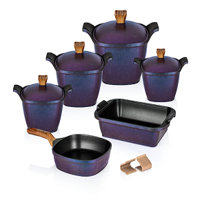 Granite Gigilli Cookware Set – 10 Pieces – Square Shape – 4 Pots (28-26-24-20 cm) + Frying Pan 28 cm + Roaster 36 cm

