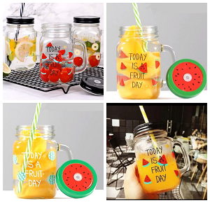 Fruit-Shaped Straw Glass Mug with Colored Lid - (A-7) (71090003)
