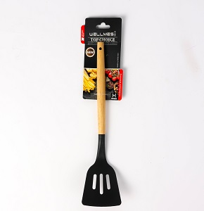 Wellmes Flat Silicone Spatula with Wooden Handle – For Stirring Food
