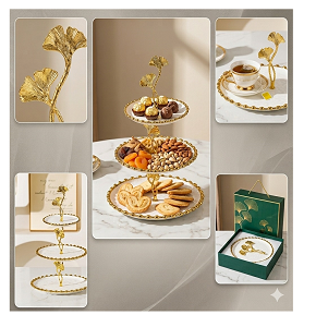 Tier Porcelain Serving Stand with a royal design, featuring engraved gold-trimmed edges and a central structure adorned with gold leaf, 40 cm in height.
