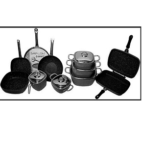  Granite Power Line 15-piece square set includes pots (18-20-24-28 cm) a 24 cm frying pan a 16 cm milk pot a 28 cm wok a 36 cm double grill a 31 cm casserole and a 32 cm crepe pan in black.
