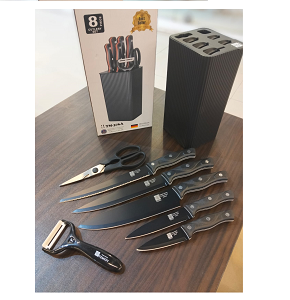  Knife Set 6-Piece with Stand: 7-inch Kitchen Knife, 8-inch Chef Knife, 8-inch Bread Knife, 5-inch Utility Knife, Kitchen Scissors, and Peeler , COLOR black in white